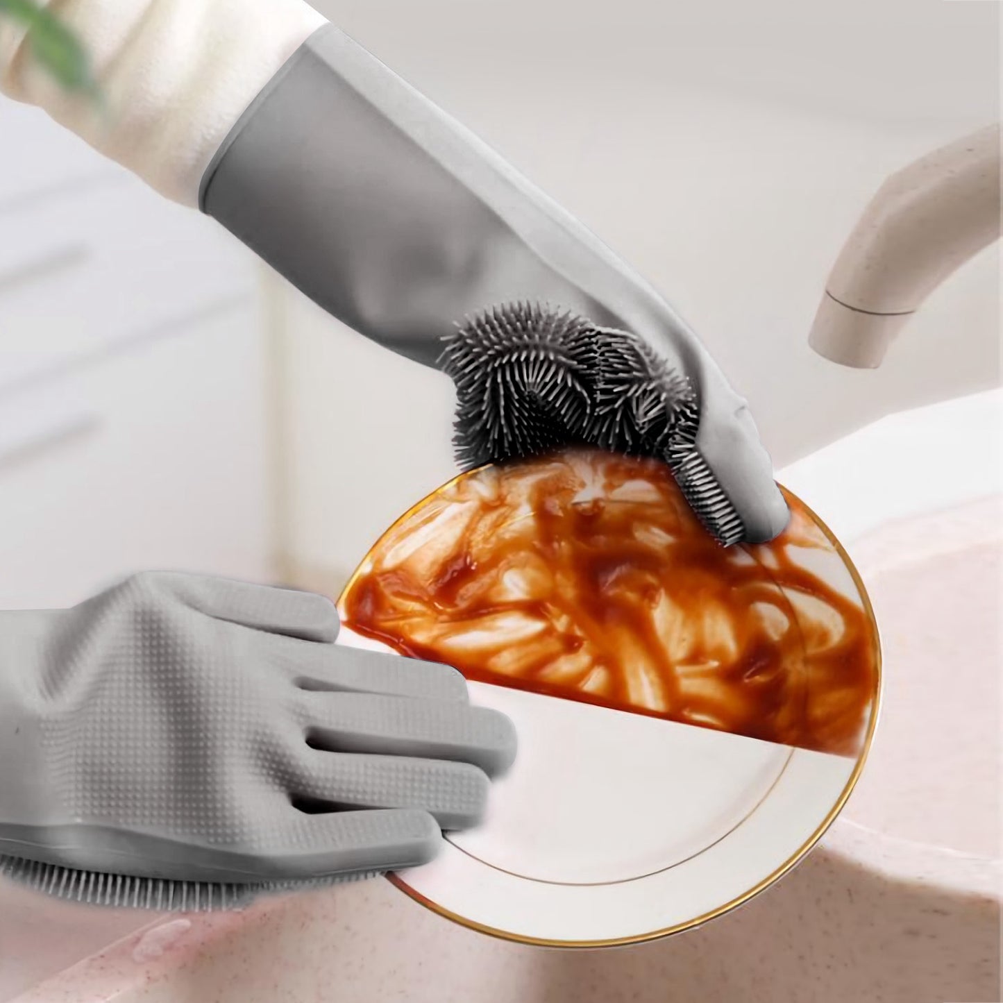 Silicone Dishwashing Gloves with Scrubbing Bristles