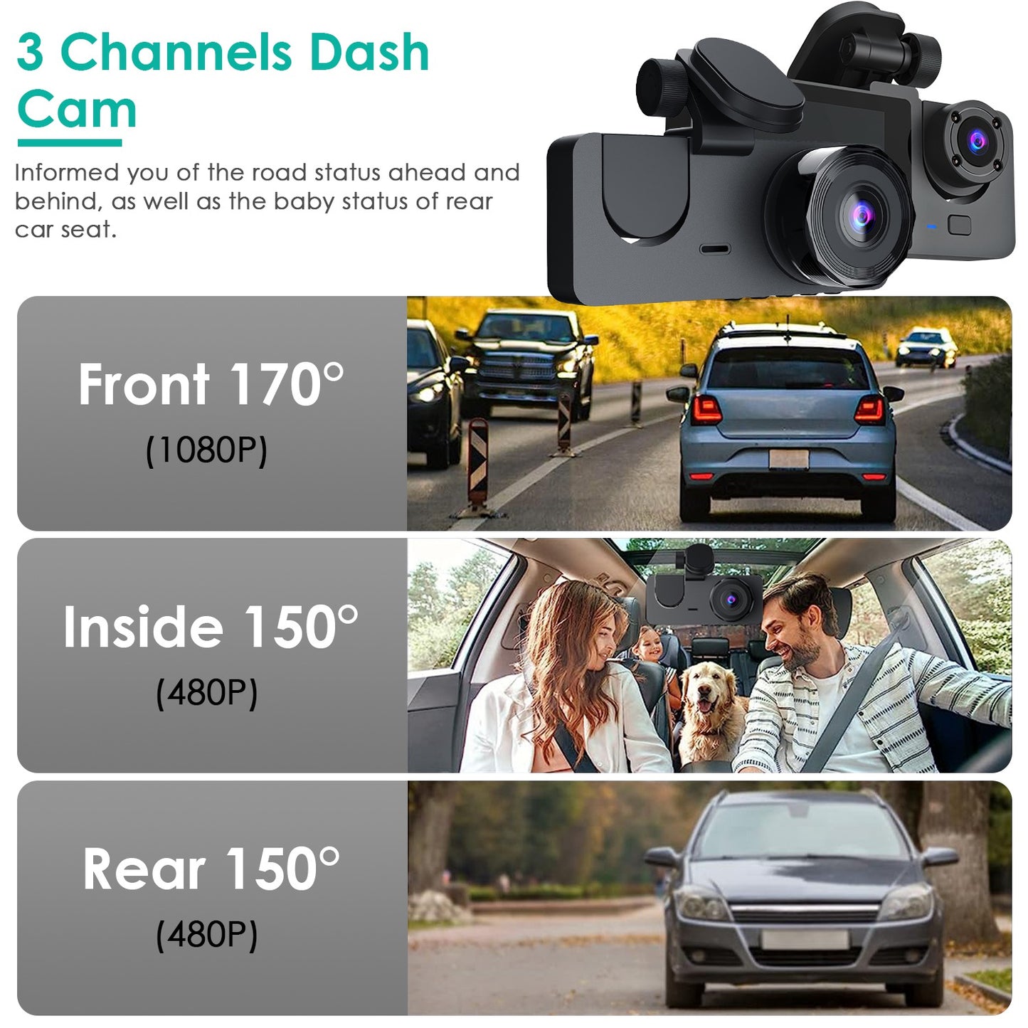3-Channel Dash Cam with Front, Inside & Rear Cameras