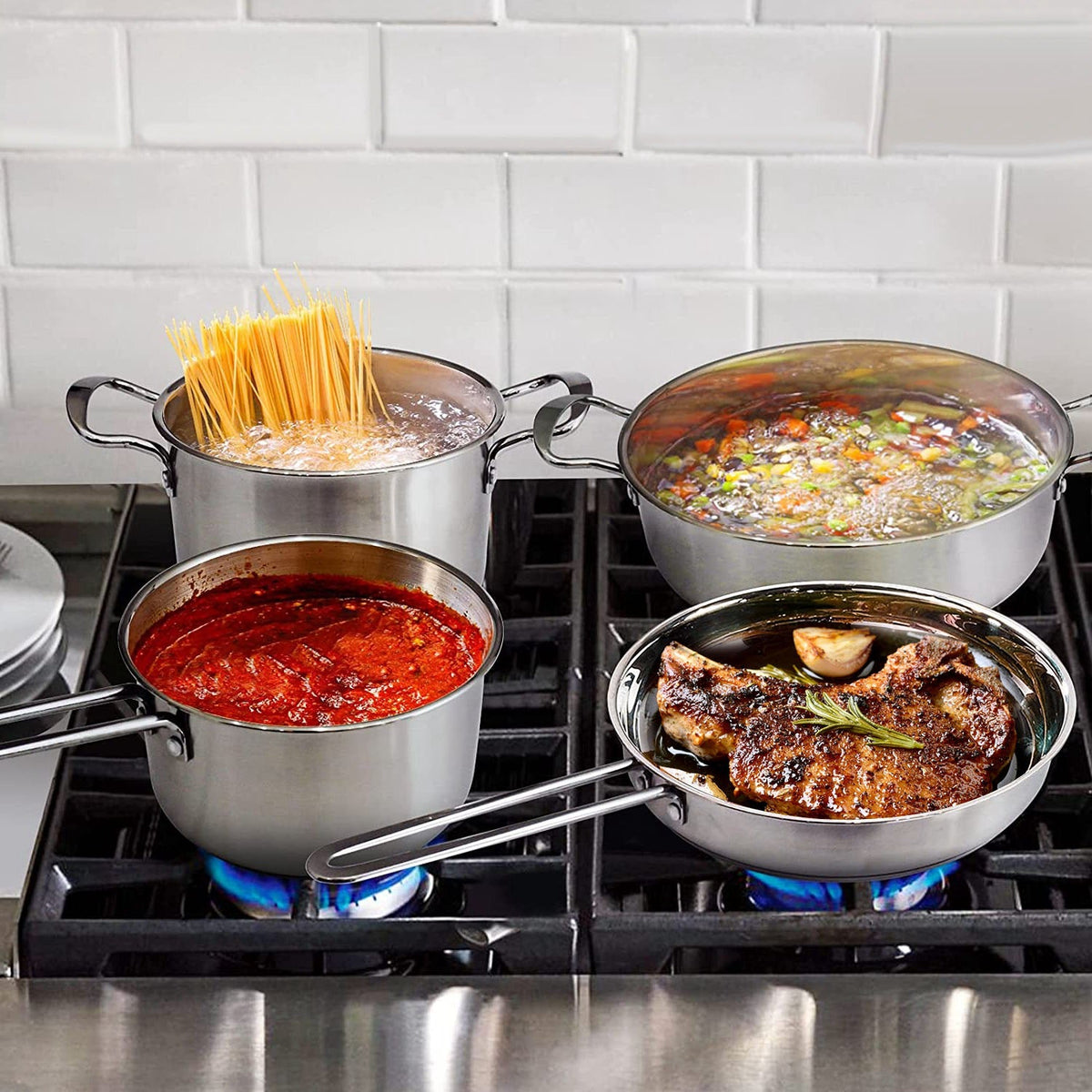 Stainless Steel Cookware Set Fast Even Heat Induction Pots Pans Set Dishwasher Safe with 2.7/3.7 Quart Stockpot 2 Quart Saucepan 9.17in Frying Pan