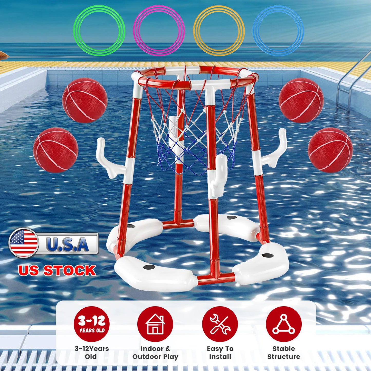 Pool Basketball Hoop Set with 4 Balls & Pump for Kids