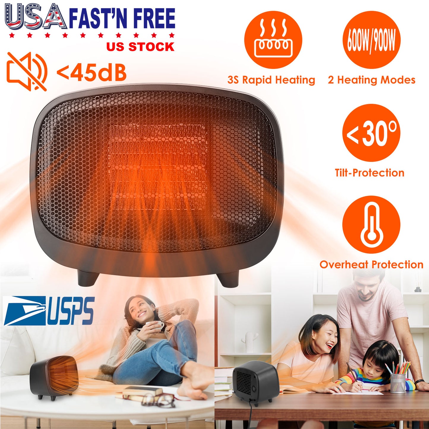 Portable PTC Ceramic Space Heater with Tip-Over Protection