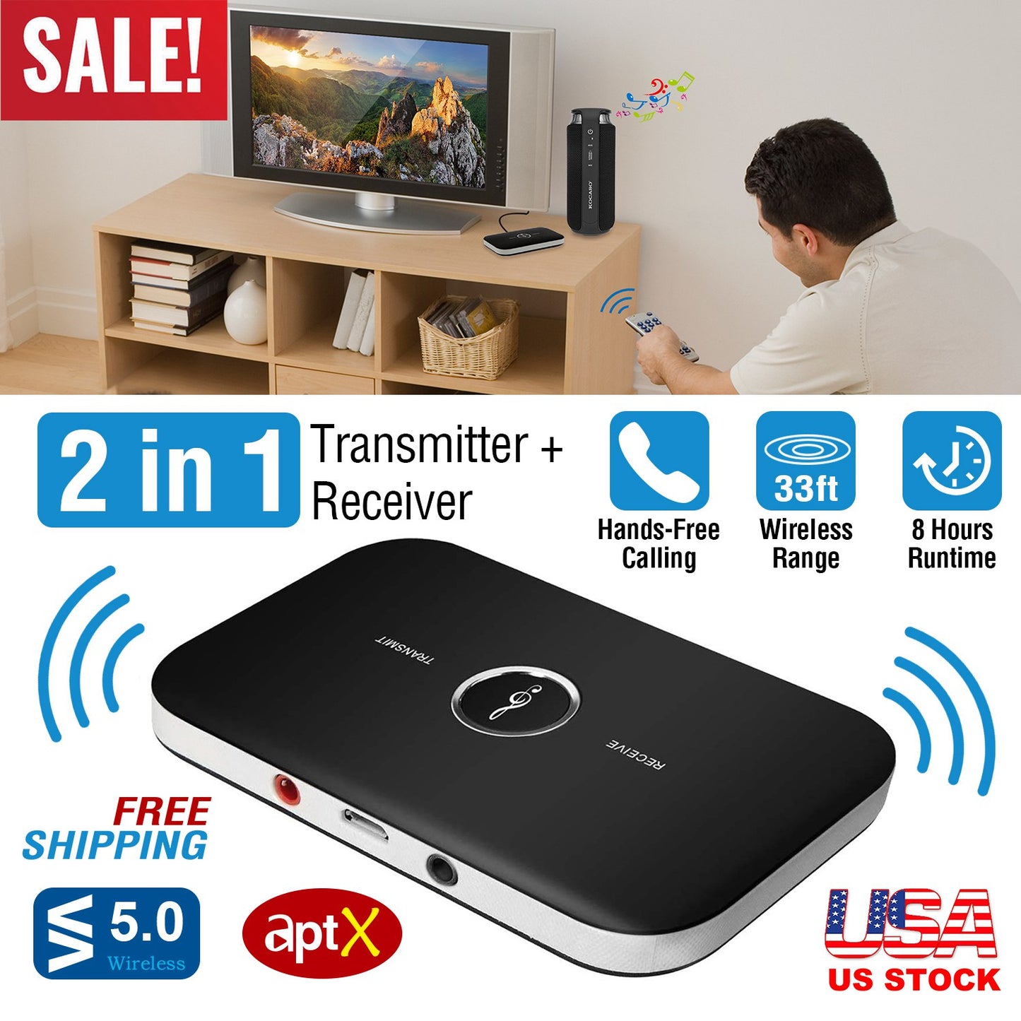 Bluetooth 5.0 Audio Transmitter Receiver with aptX Low Latency