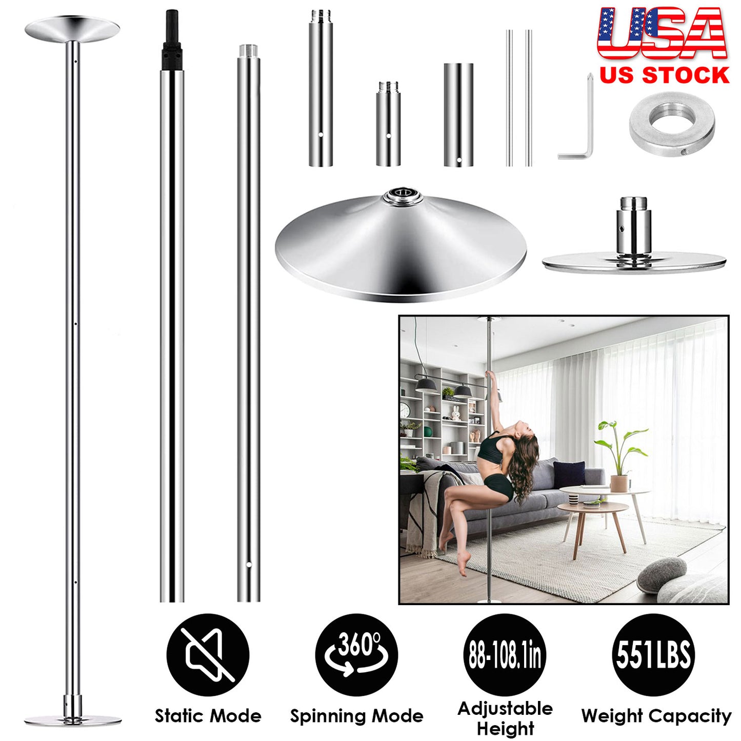 Dance Pole 45mm Spinning & Static Adjustable 88-108in