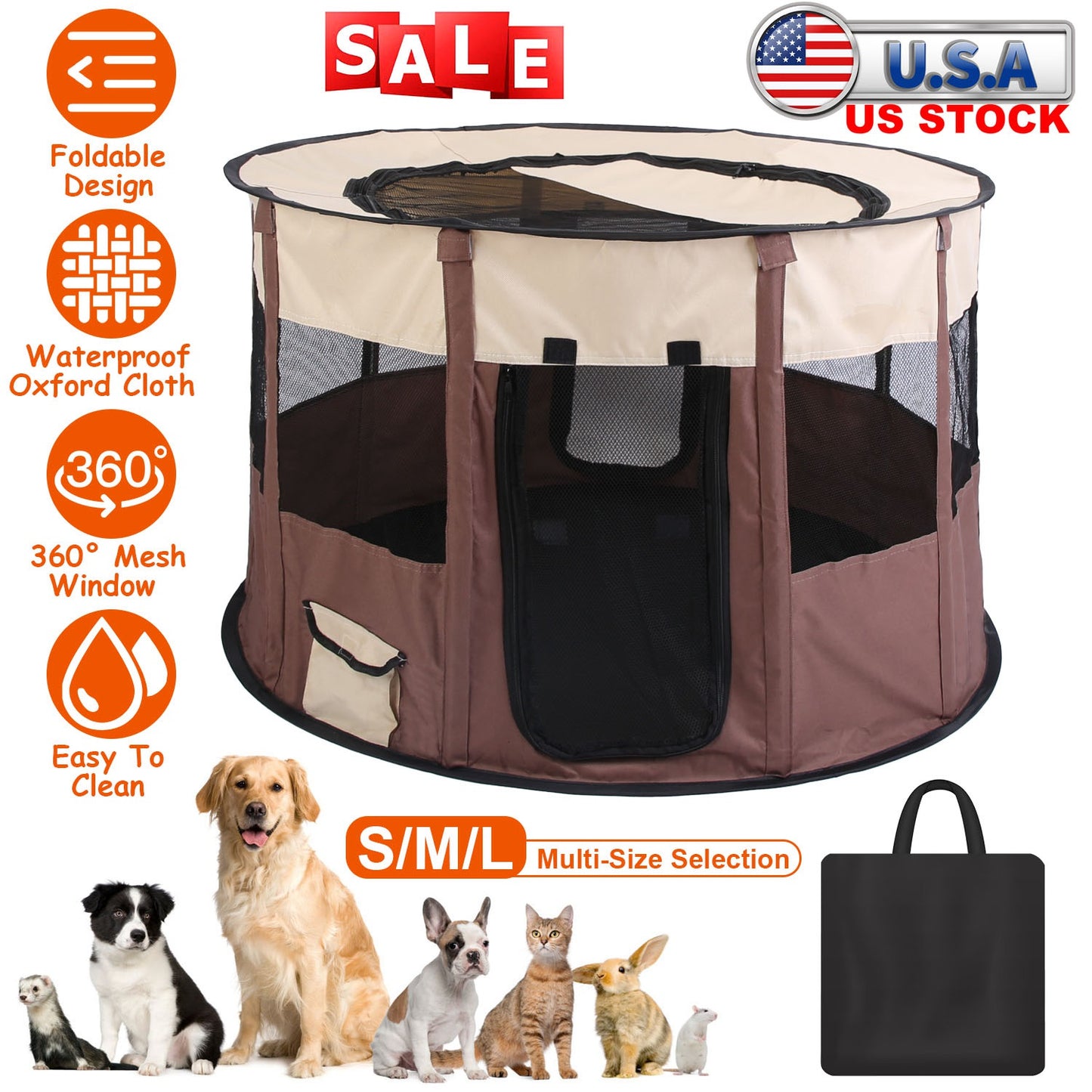 Foldable Dog Playpen with Carry Bag - Waterproof Pet Tent