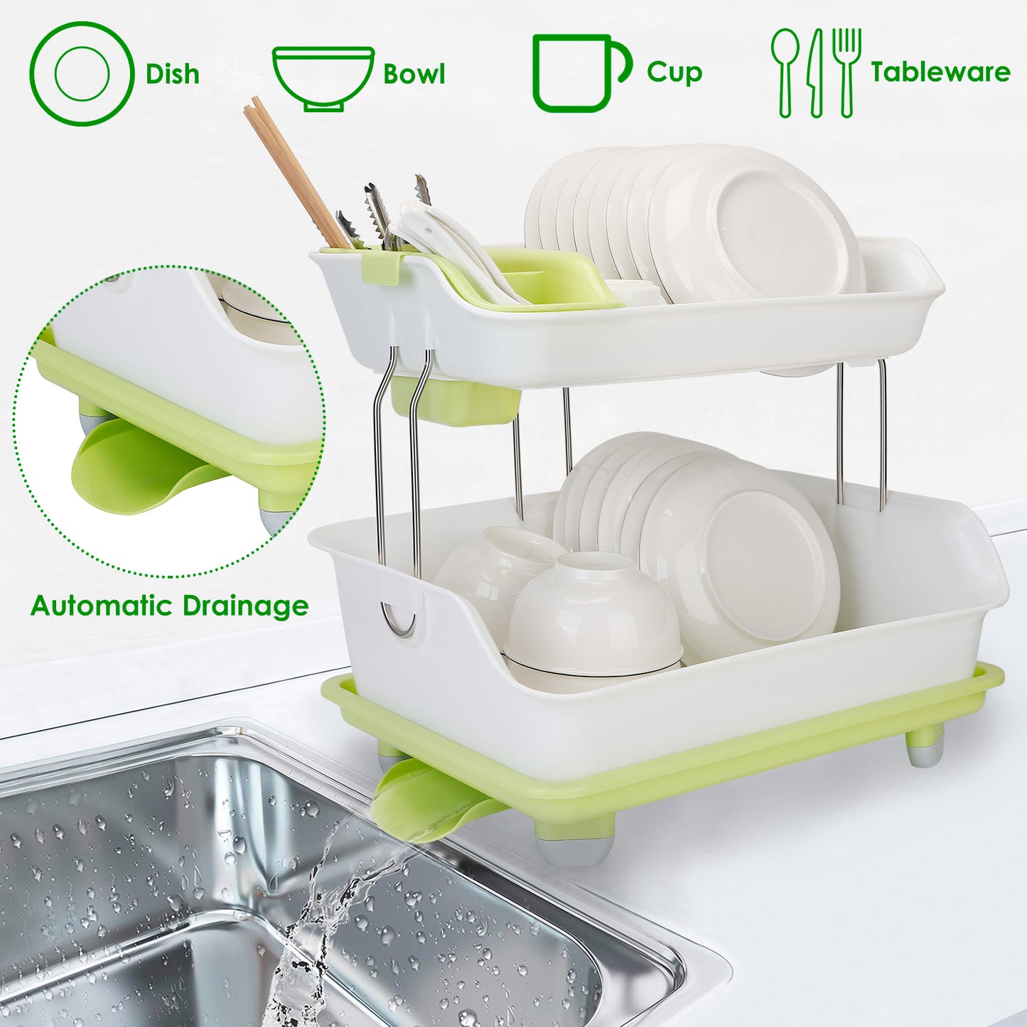 2-Tier Dish Drying Rack with Cutlery Holder & Drainage Tray