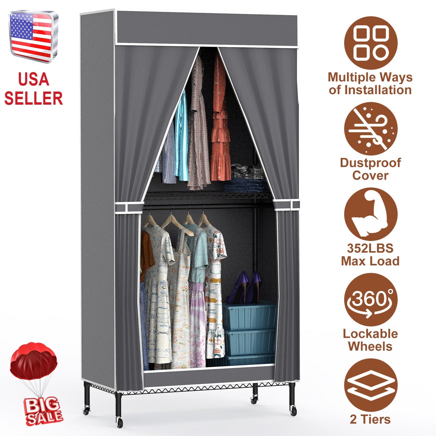 2-Tier Portable Clothing Rack with Cover and Wheels
