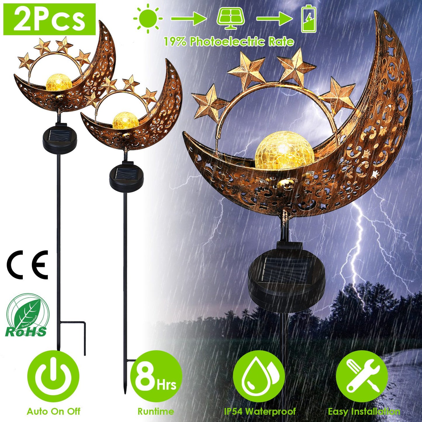 Solar Moon Star Garden Stake Light with Crackle Glass Globe