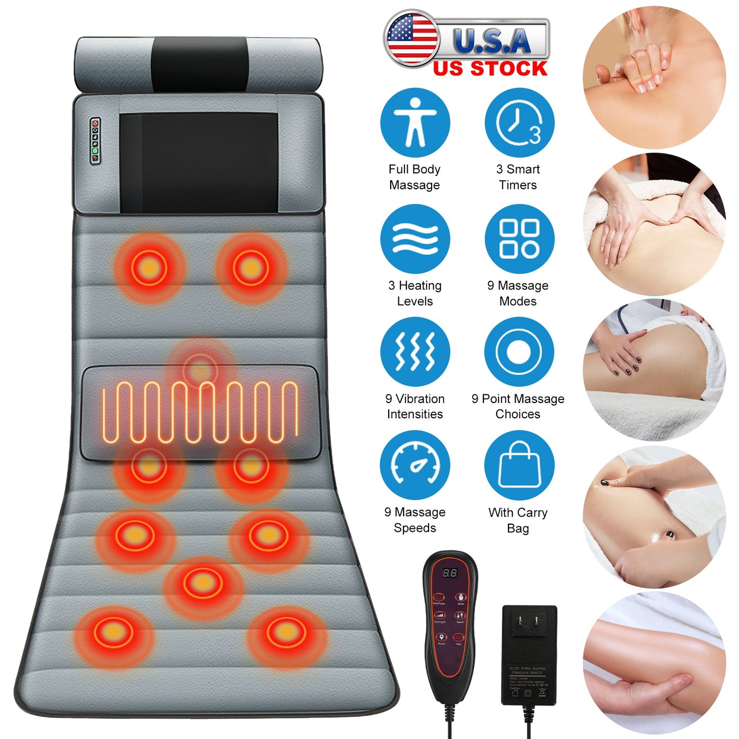 Full Body Electric Massage Mat with Heat Vibration Massage Pad Cushion Back Massage Mattress Chair Pad with Neck Massager Lumbar Pillow with 10 Vibrat