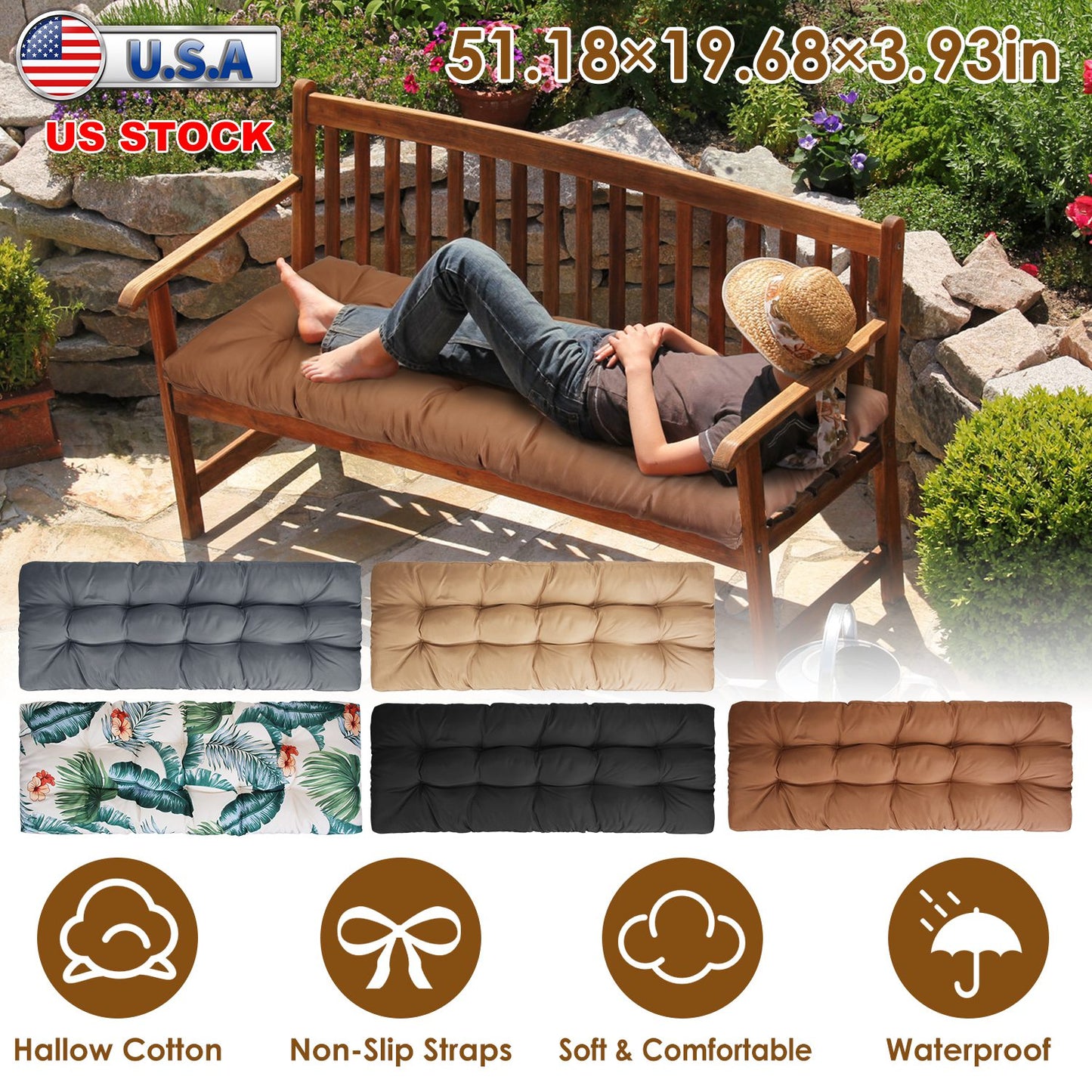 Bench Seat Cushion 51x20 Inch with Ties for Indoor Outdoor Use