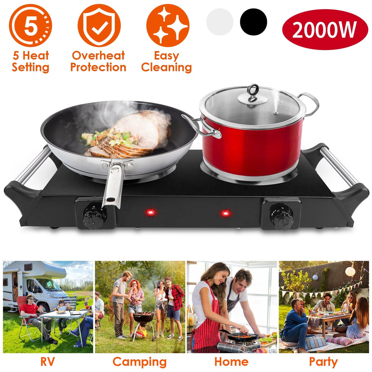 2000W Electric Dual Burner Portable Coil Heating Hot Plate Stove Countertop RV Hotplate with 5 Temperature Adjustments Portable Handles