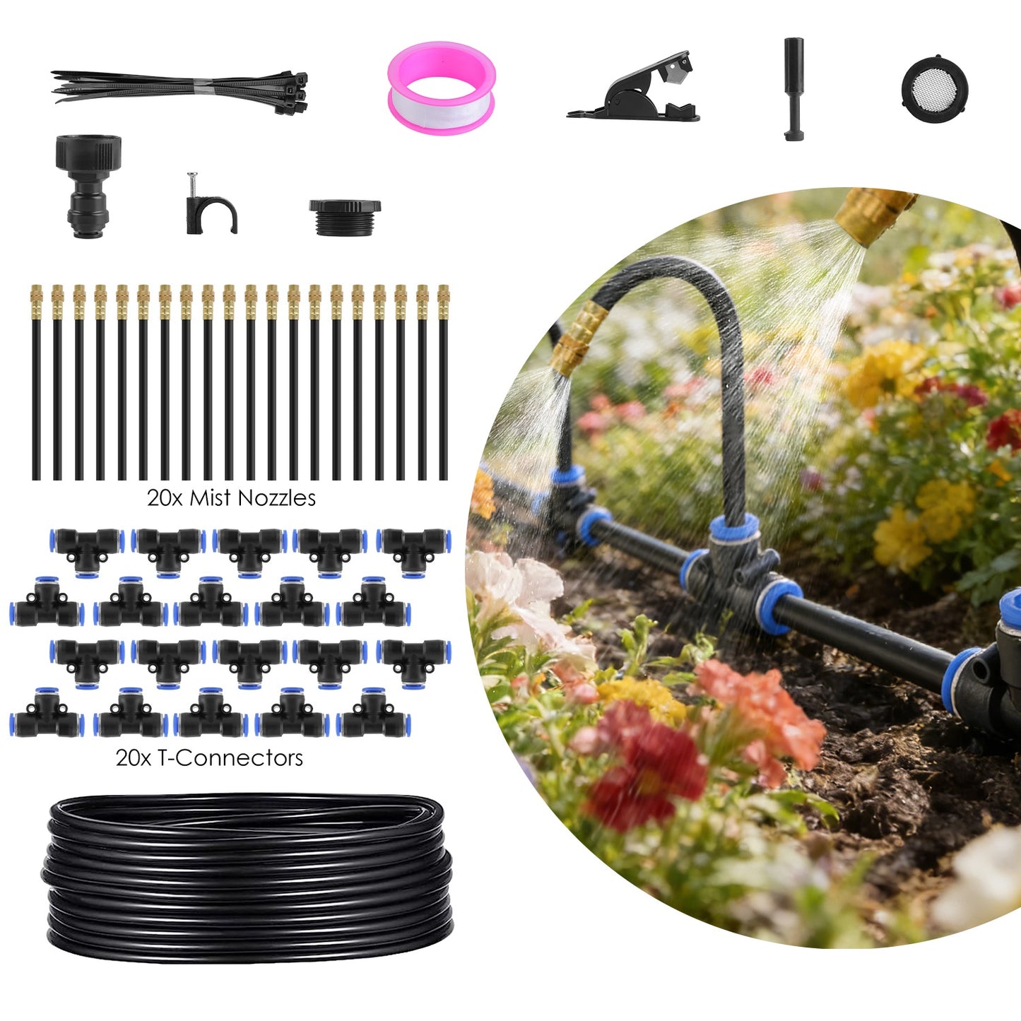 Drip Irrigation System with 49FT Hose & 360° Bendable Nozzles