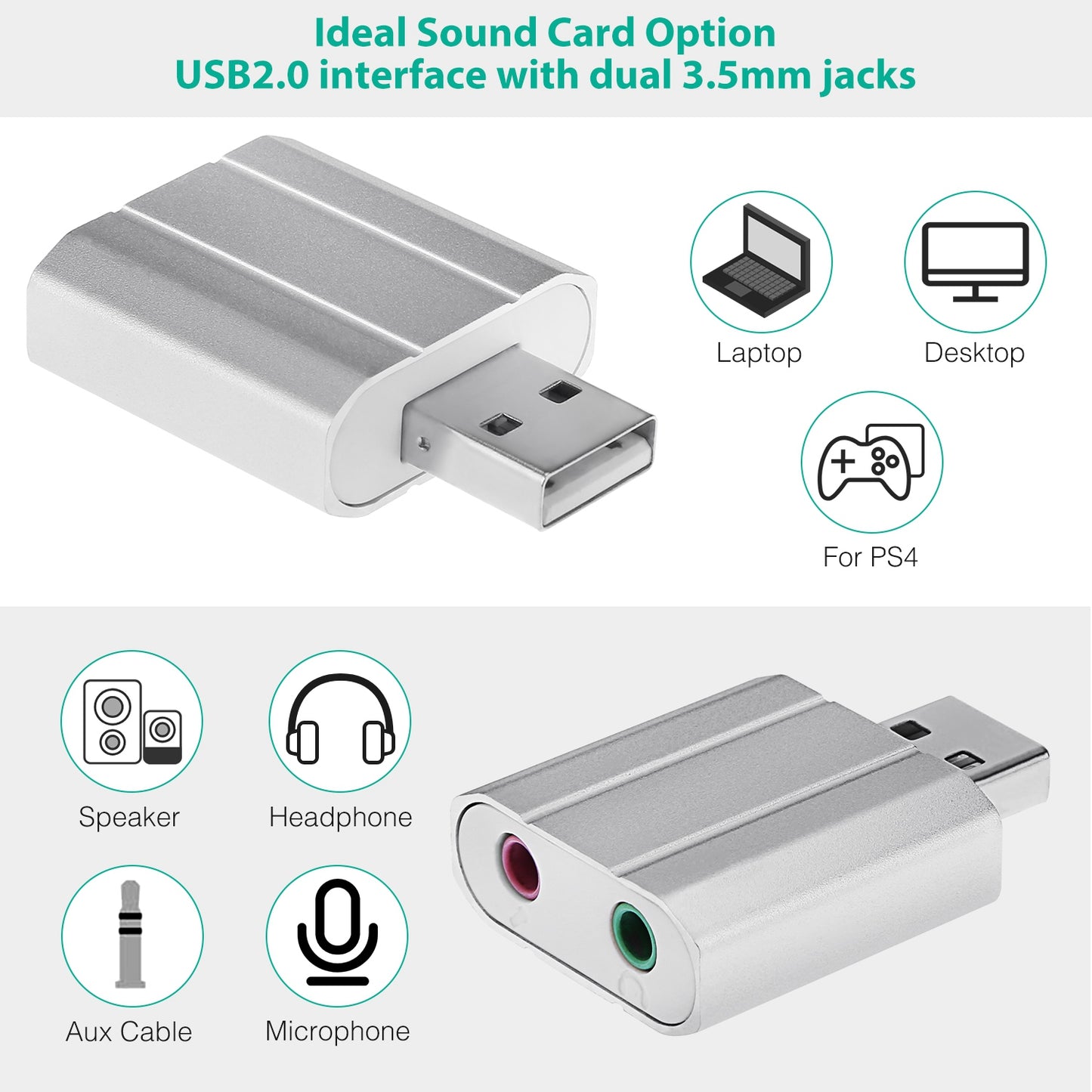 USB Audio Adapter with 3.5mm Headphone & Microphone Jacks