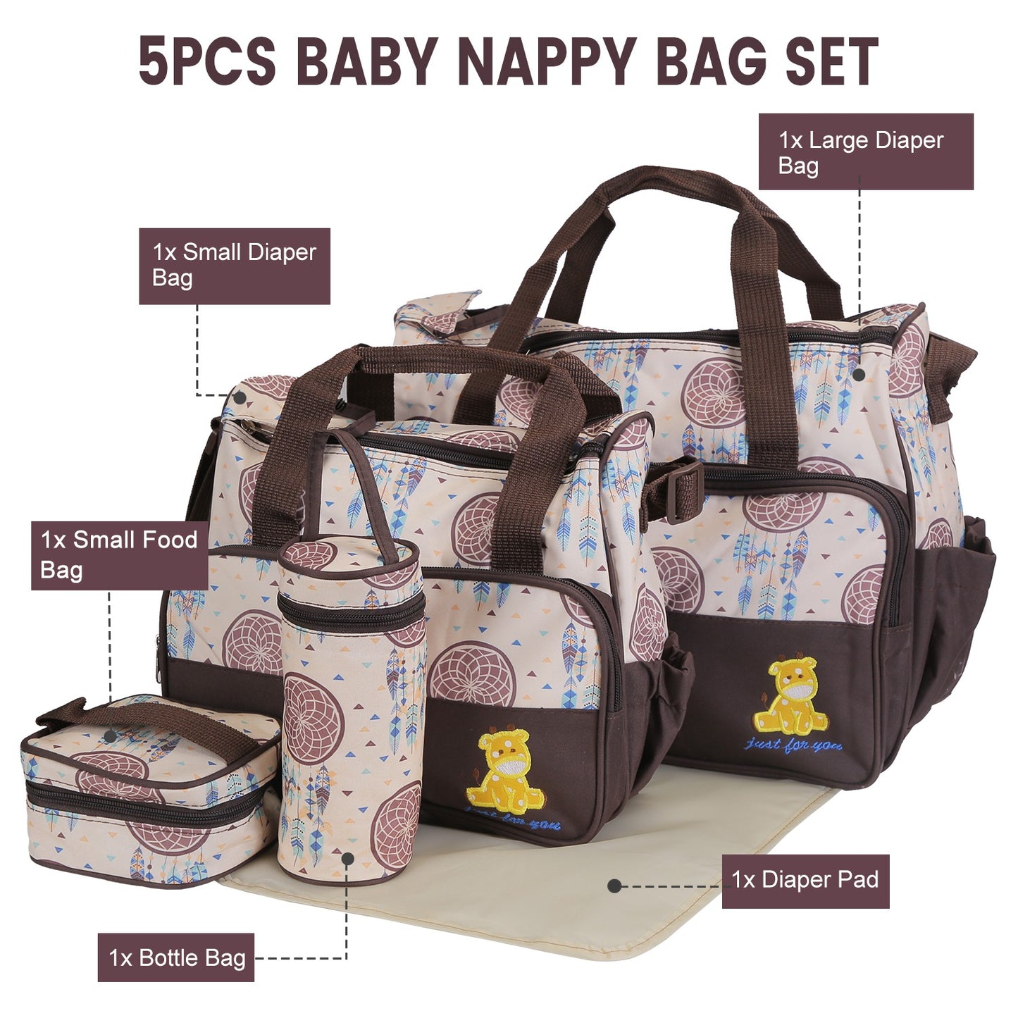 5-Piece Diaper Bag Set with Bottle Bag and Changing Pad