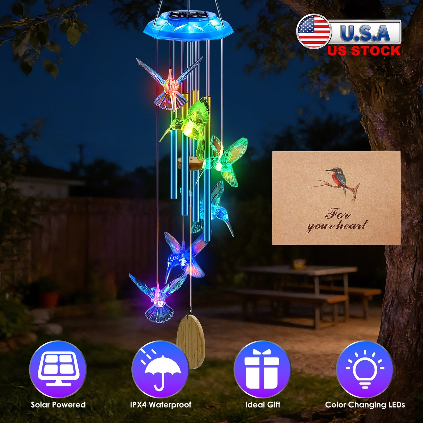 Solar Wind Chime with Color-Changing LED Lights & Aluminum Tubes