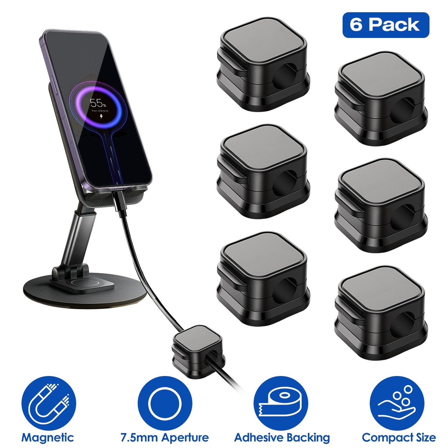 Magnetic Cable Clips 6-Pack - Adhesive Cord Organizer