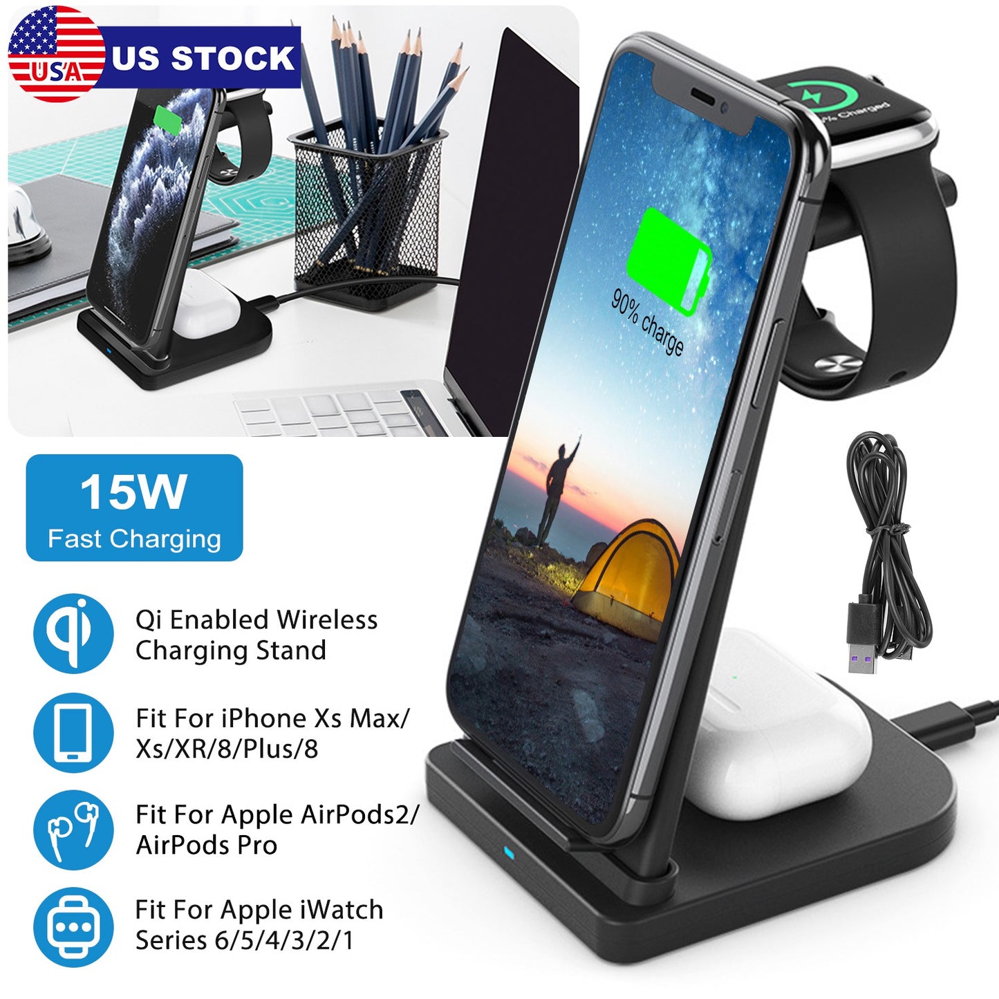 3-in-1 Wireless Charging Station 15W Fast Charge Dock