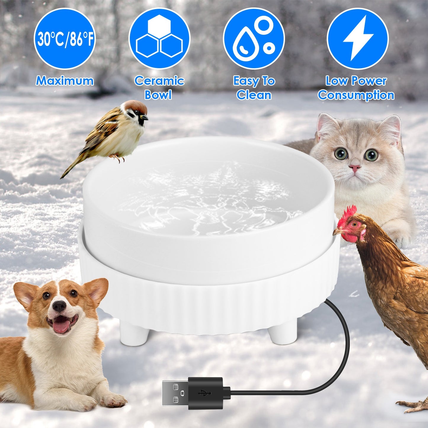 Heated Pet Water Bowl - USB Powered Ceramic Non-Freezing