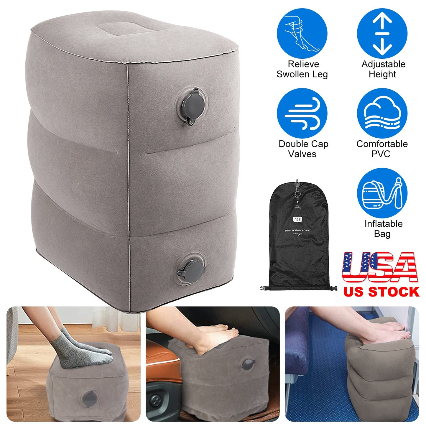 Inflatable Foot Rest with 3 Adjustable Heights for Travel