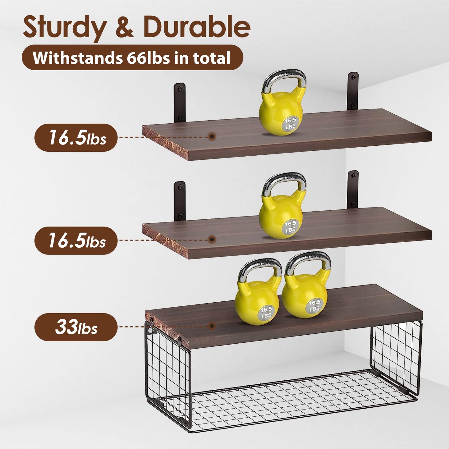 Floating Shelves Wall Mounted with Storage Basket - 3 Tier Wood