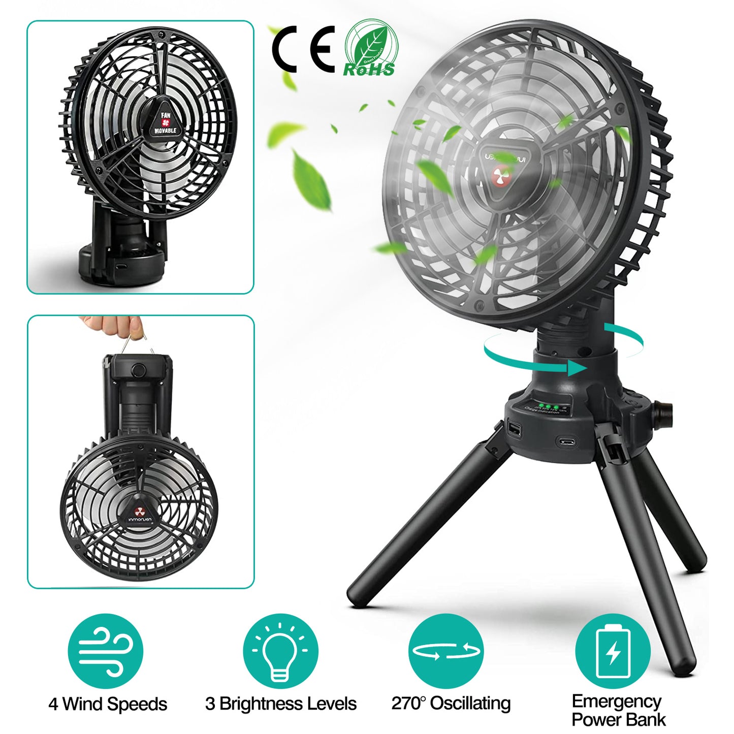 Camping Fan with LED Light & Power Bank - 270° Oscillating