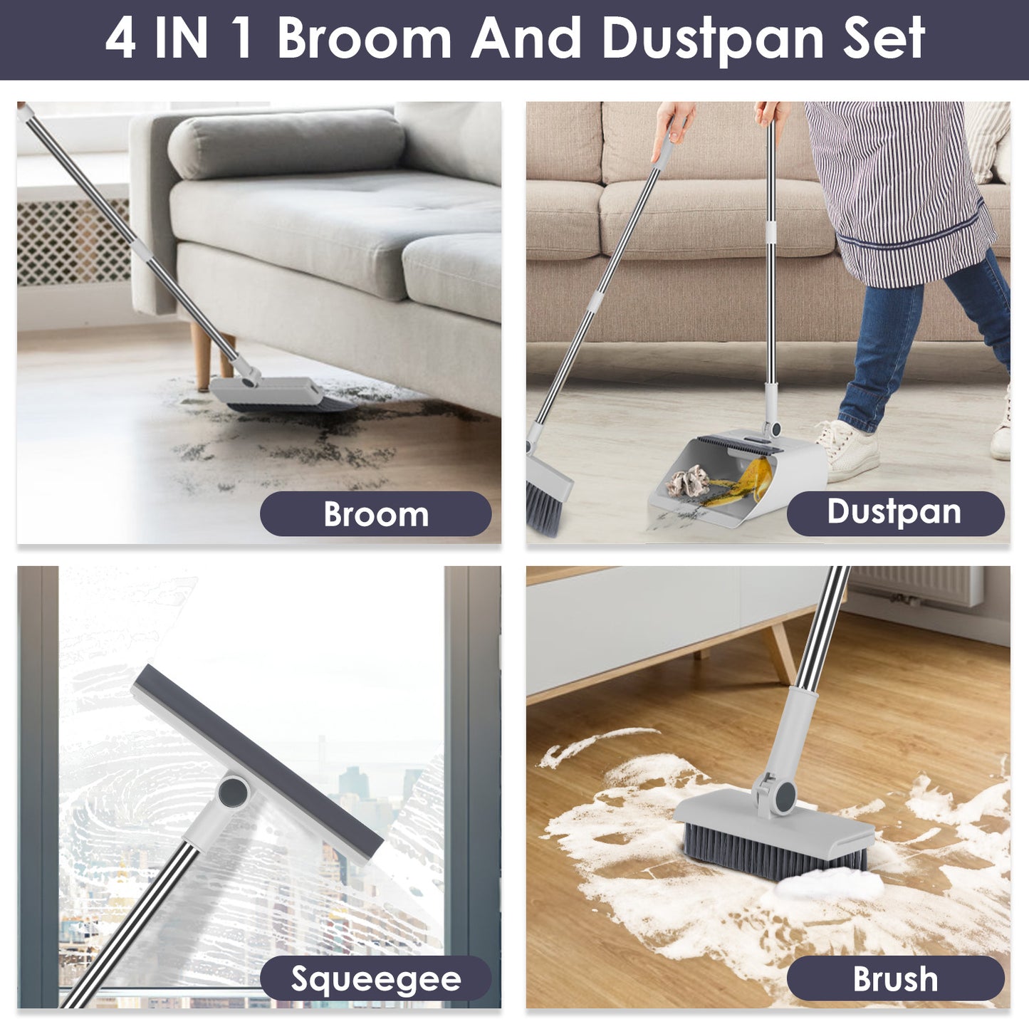 4-in-1 Broom and Dustpan Combo Set with Squeegee