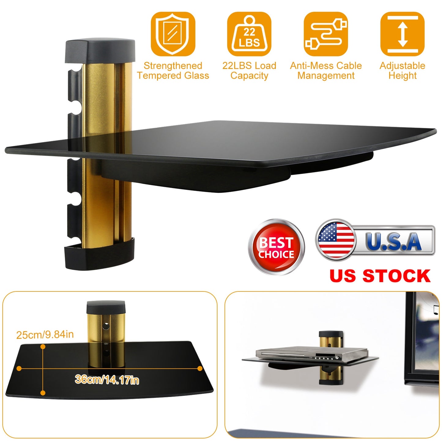 Tempered Glass Wall Shelf with Cable Management - 22lb Capacity