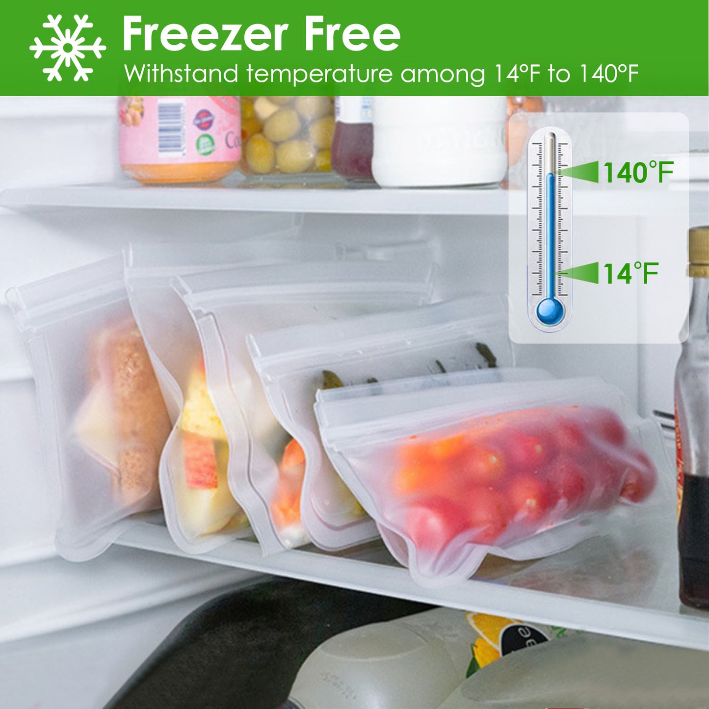 Reusable Food Storage Bags Set of 20 - Leakproof PEVA Freezer Bags
