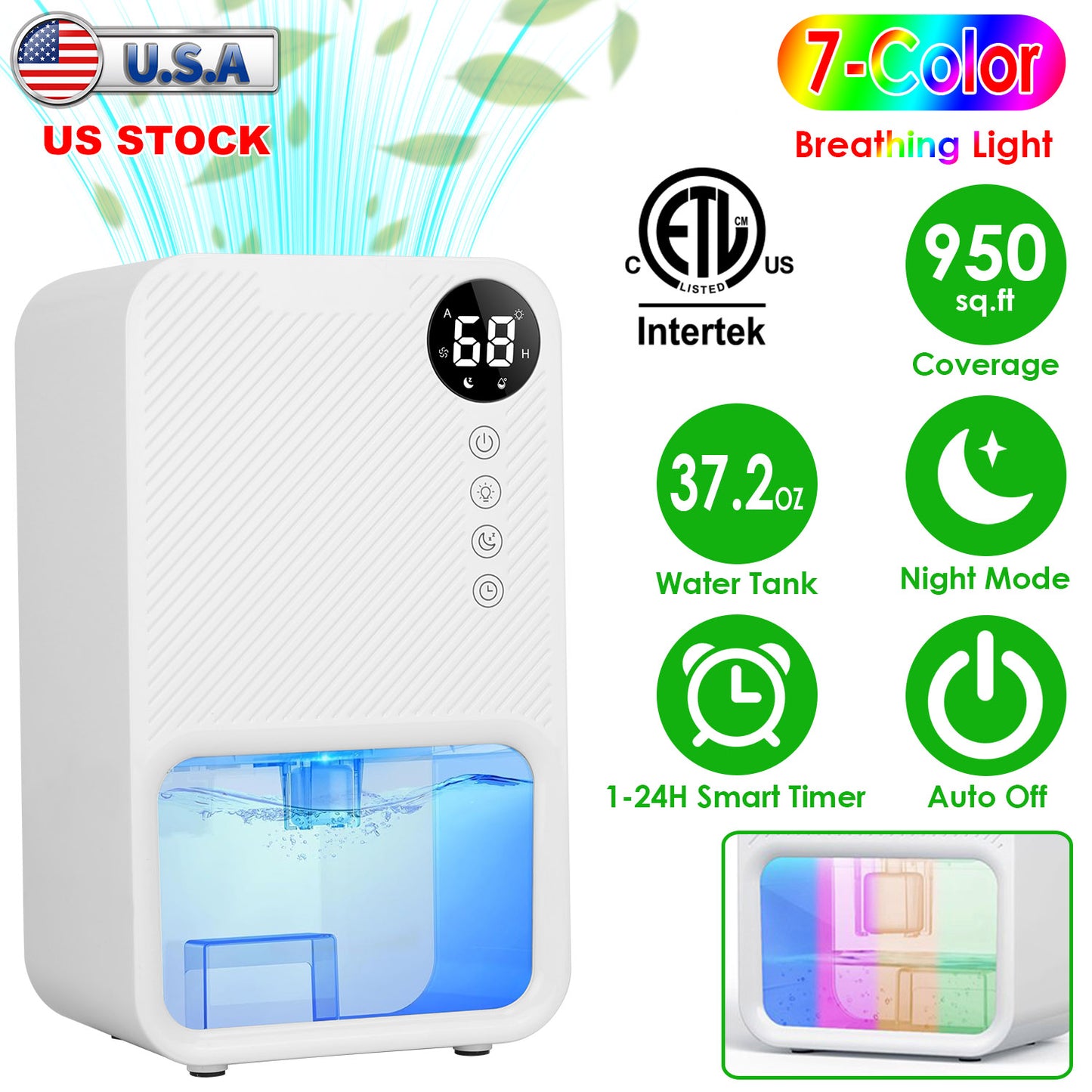 Portable Dehumidifier 37.2oz with Timer & 7-Color Light