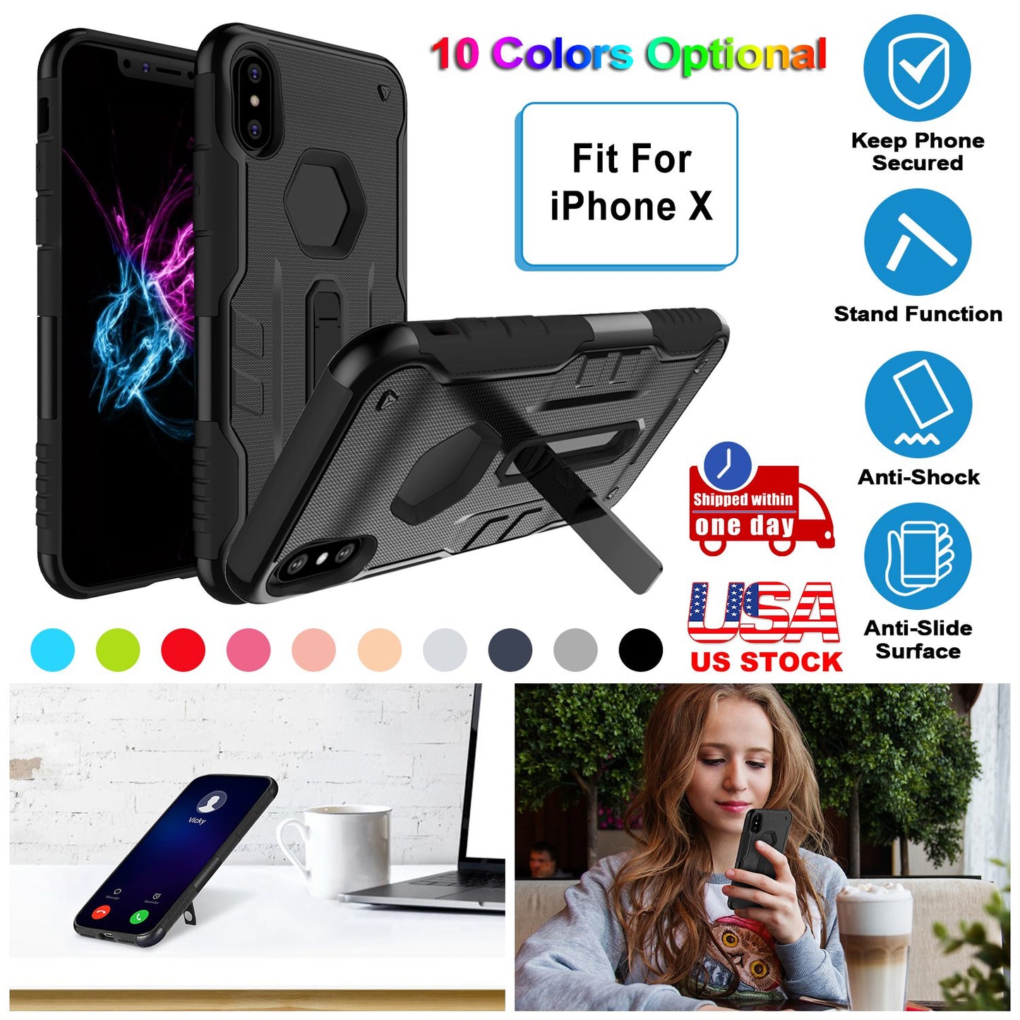 iPhone X Rugged Case with Kickstand - Dual Layer Protection