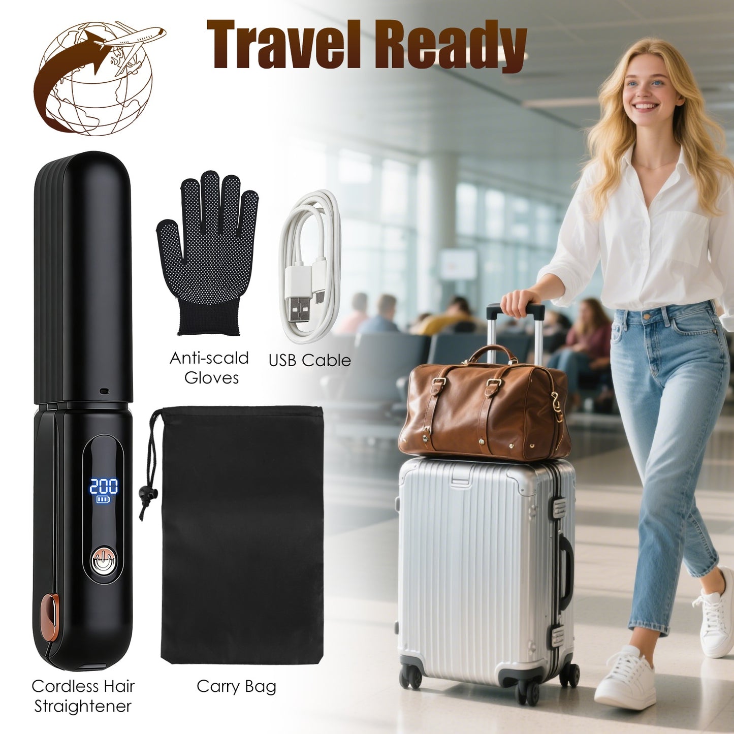 Cordless Hair Straightener Brush 2-in-1 Ceramic Flat Iron