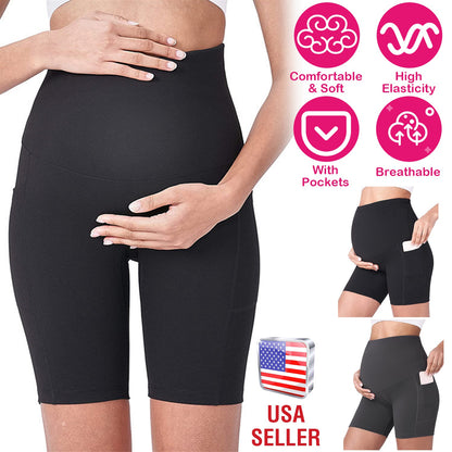Women Maternity Shorts Seamless Pregnancy Underwear Shapewear Fitness Yoga Running Shorts High Waist Over The Belly Pants with Two Side Pockets