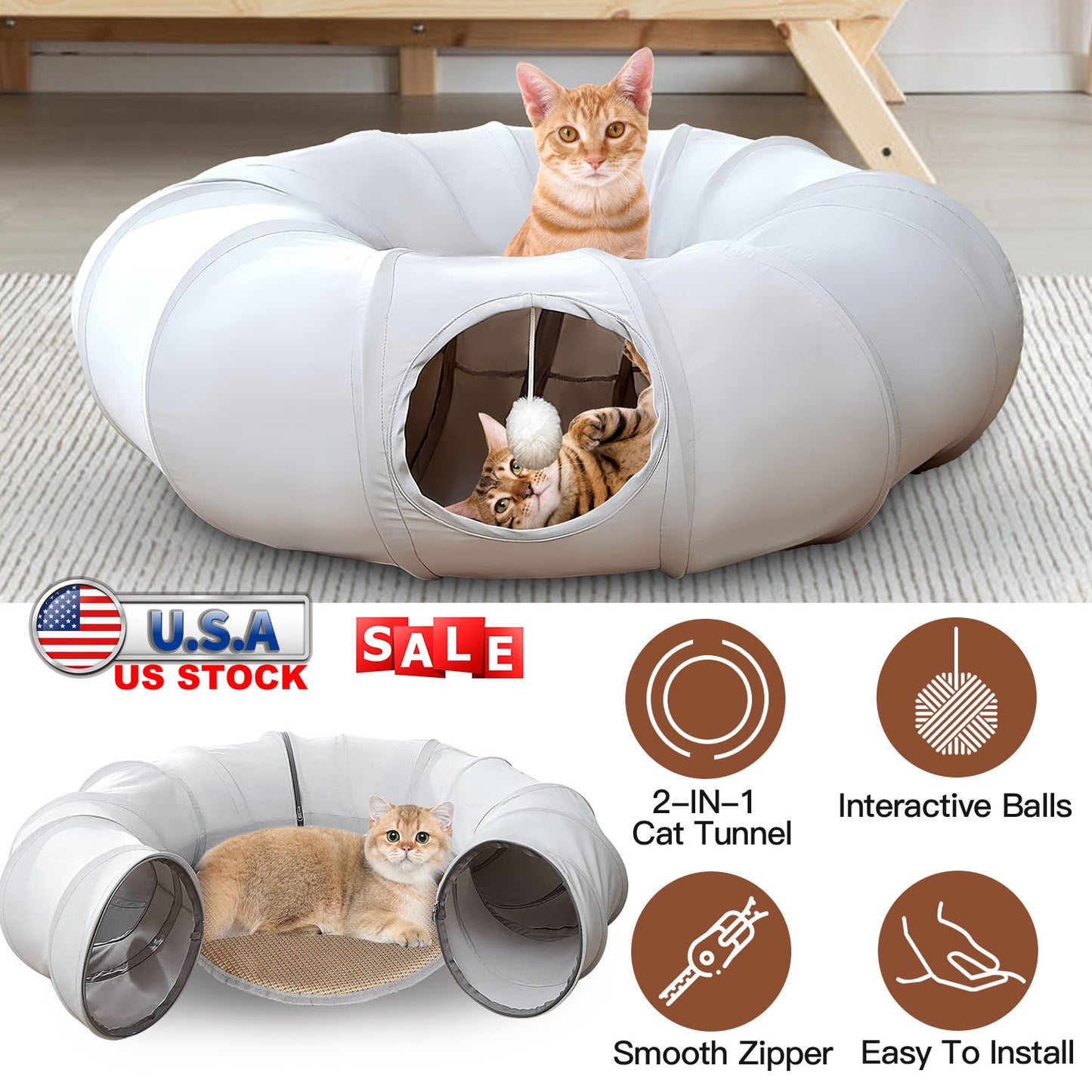 Cat Tunnel Bed with Interactive Balls & Cooling Mat
