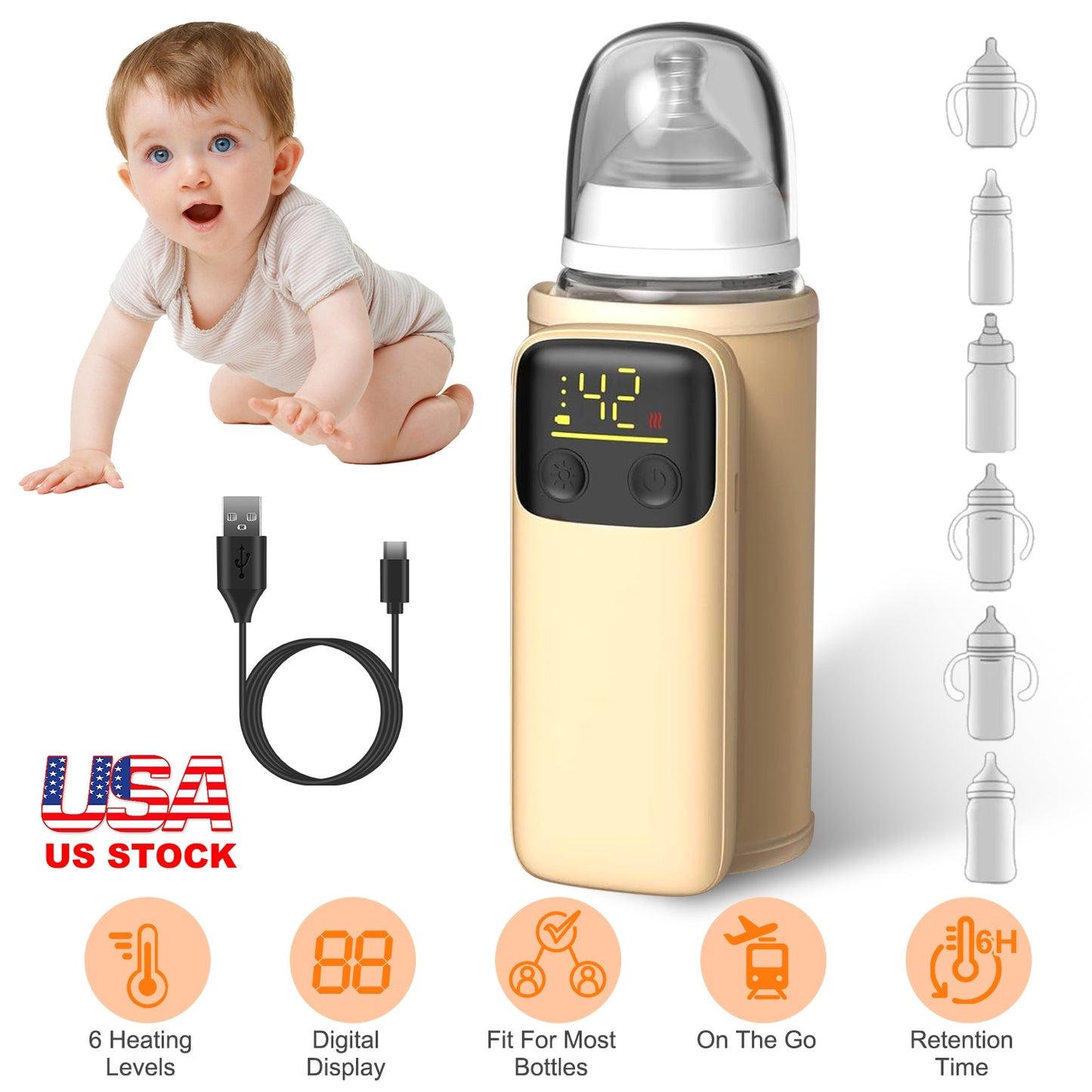 Portable Baby Bottle Warmer with Night Light & 6 Heat Levels