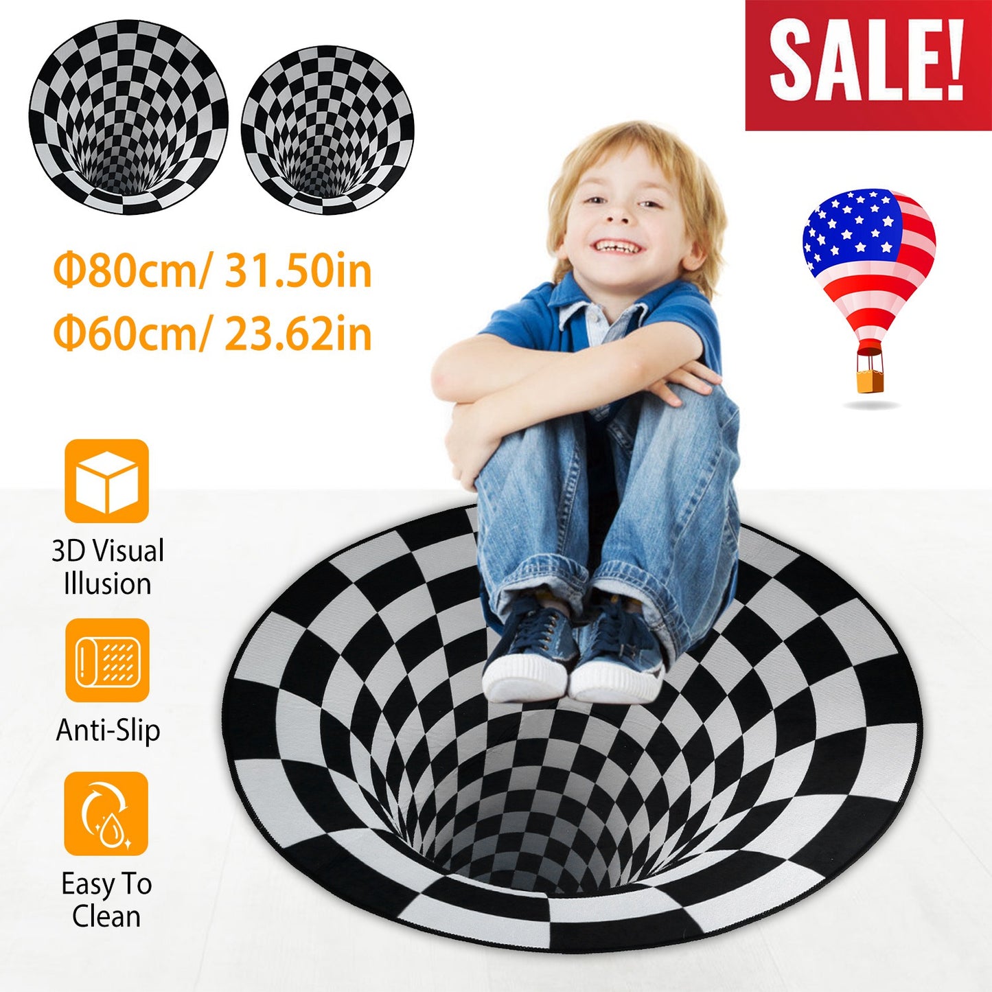 3D Illusion Round Area Rug - Black & White Checkered Design