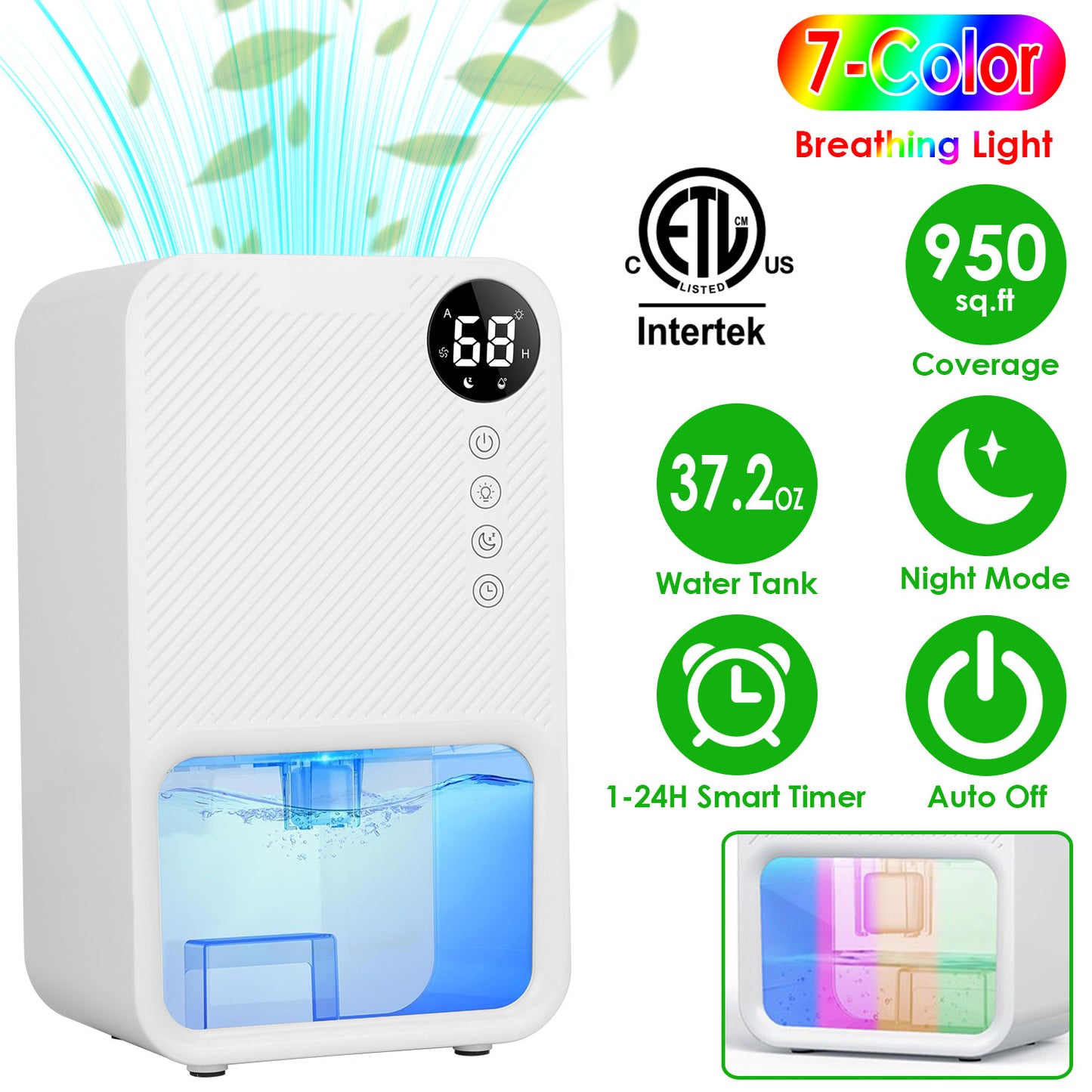 Portable Dehumidifier 37.2oz with Timer & 7-Color Light