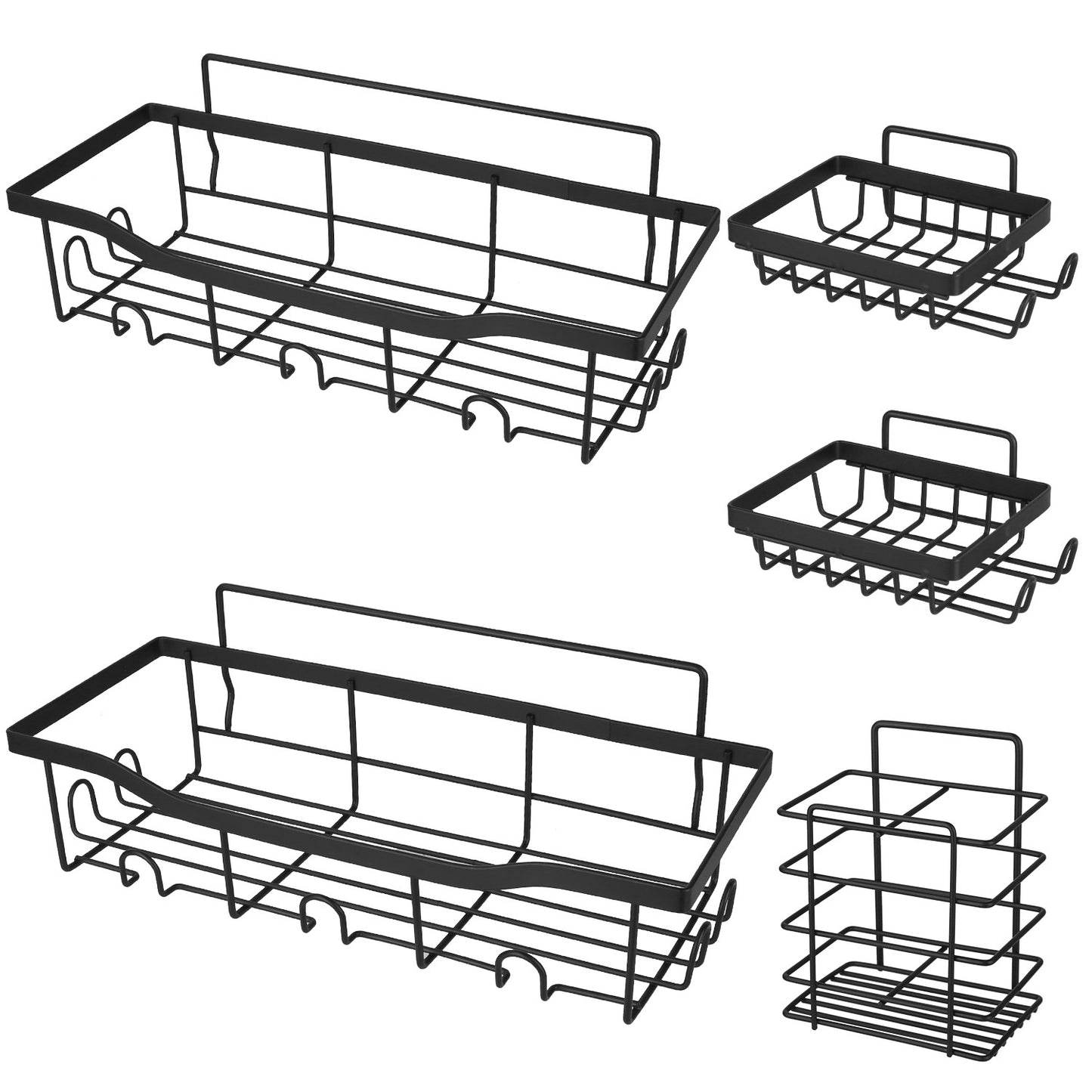 Shower Caddy 5-Piece Set with 18 Hooks - Adhesive Wall Mount