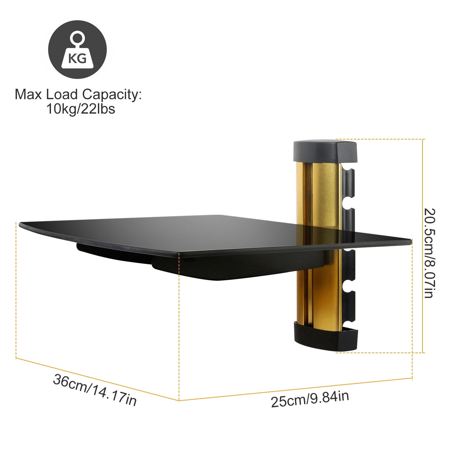 Tempered Glass Wall Shelf with Cable Management - 22lb Capacity