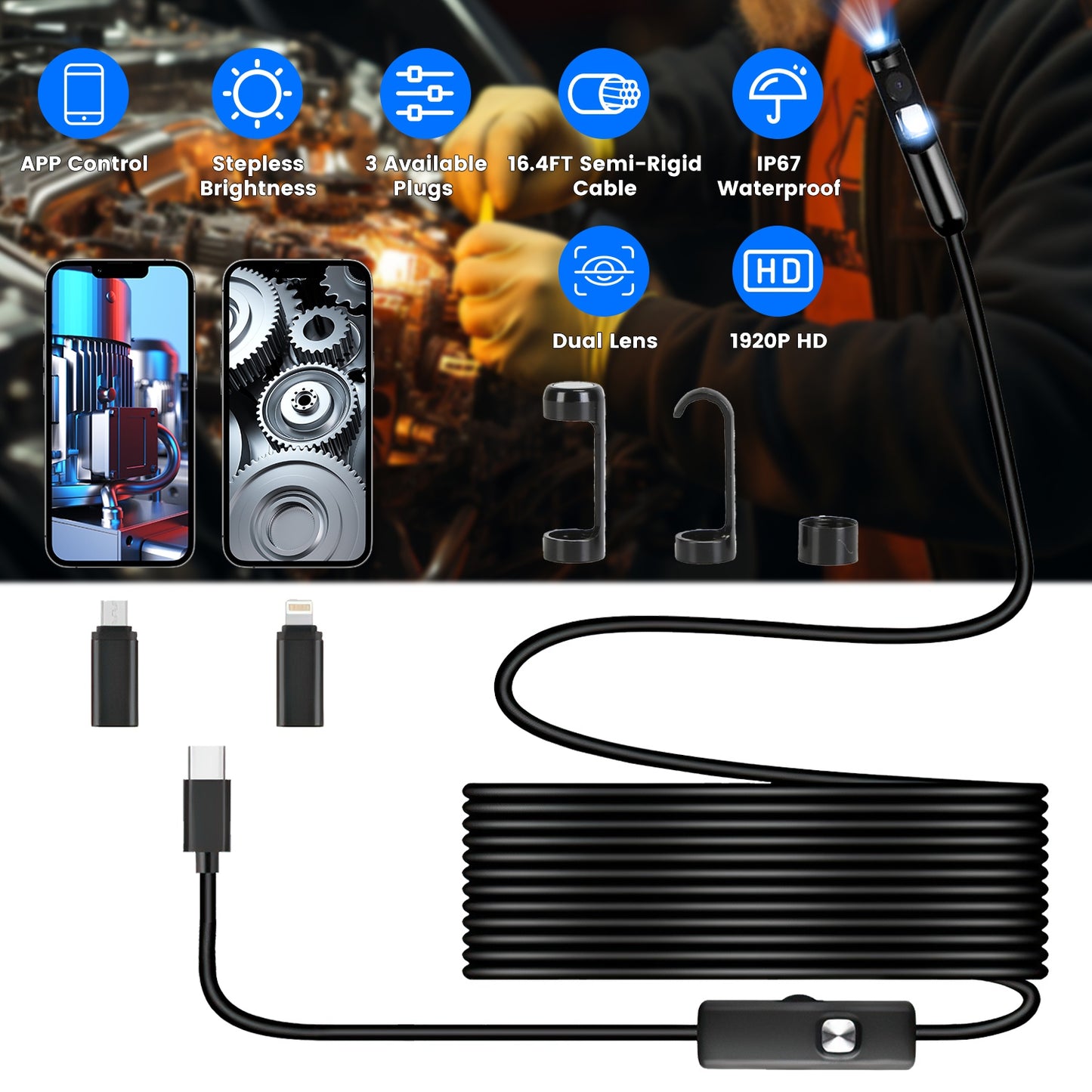 Endoscope Camera 1920P HD Waterproof with Dual Lens & 16.4ft Cable