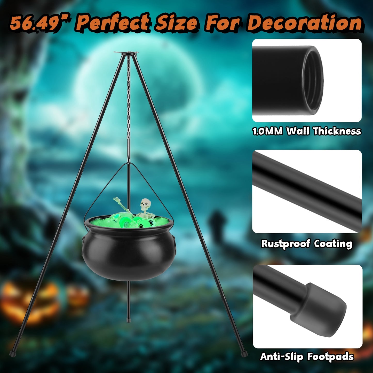 Halloween Witch Cauldron with 56" Tripod & LED String Lights