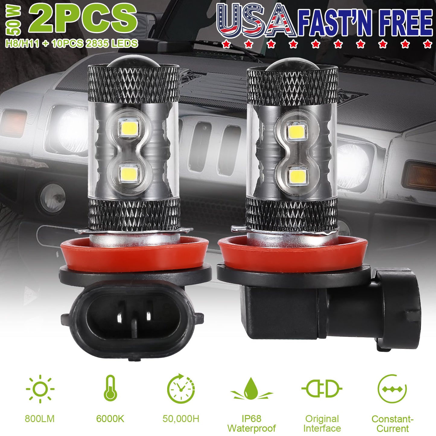 H8/H9/H11 LED Fog Light Bulbs 800LM 6000K White (2-Pack)
