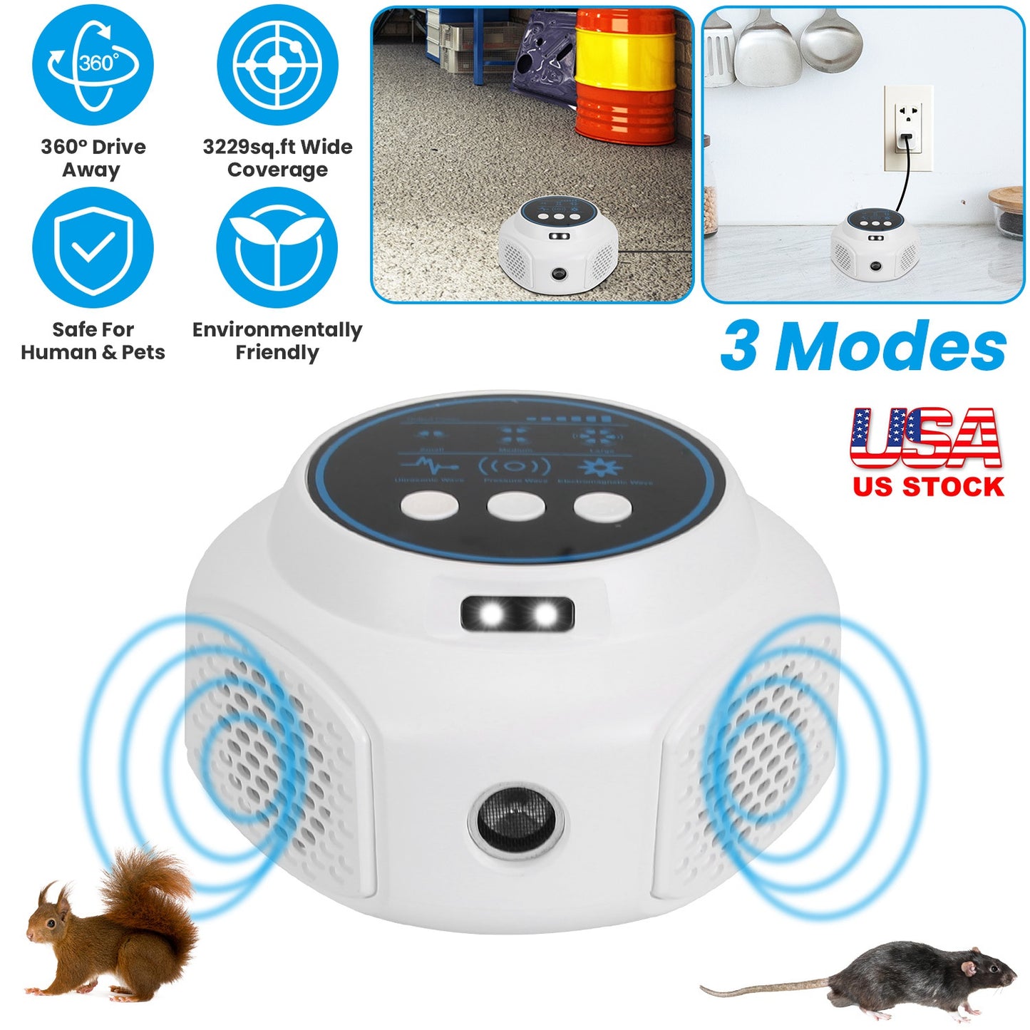 Ultrasonic Rodent Repeller with 3 Modes & Strobe Lights