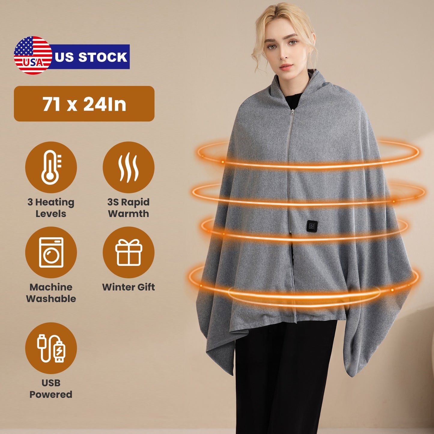 USB Heated Shawl with 3 Heat Levels and Zipper
