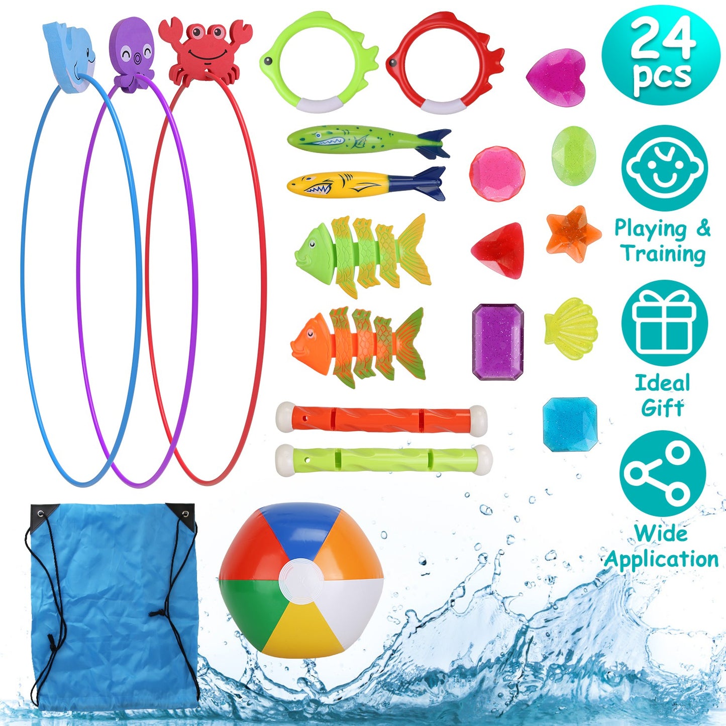 Swimming Pool Diving Toys Set - 24 Pieces with Storage Bag