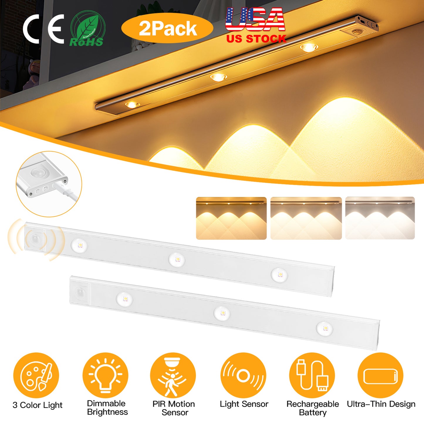 Rechargeable Motion Sensor Cabinet Light 2-Pack with 3 Colors