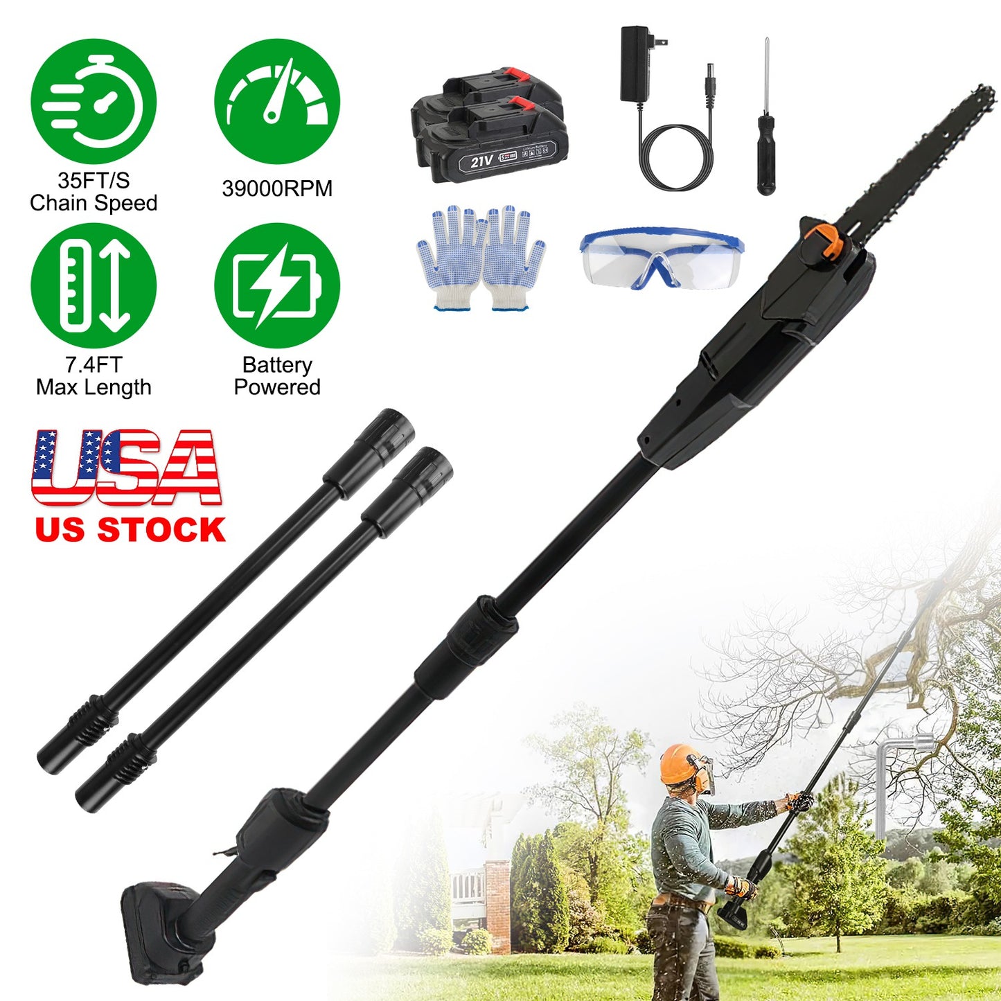 Cordless Pole Saw 6in Extendable 7.4ft with 2 Batteries