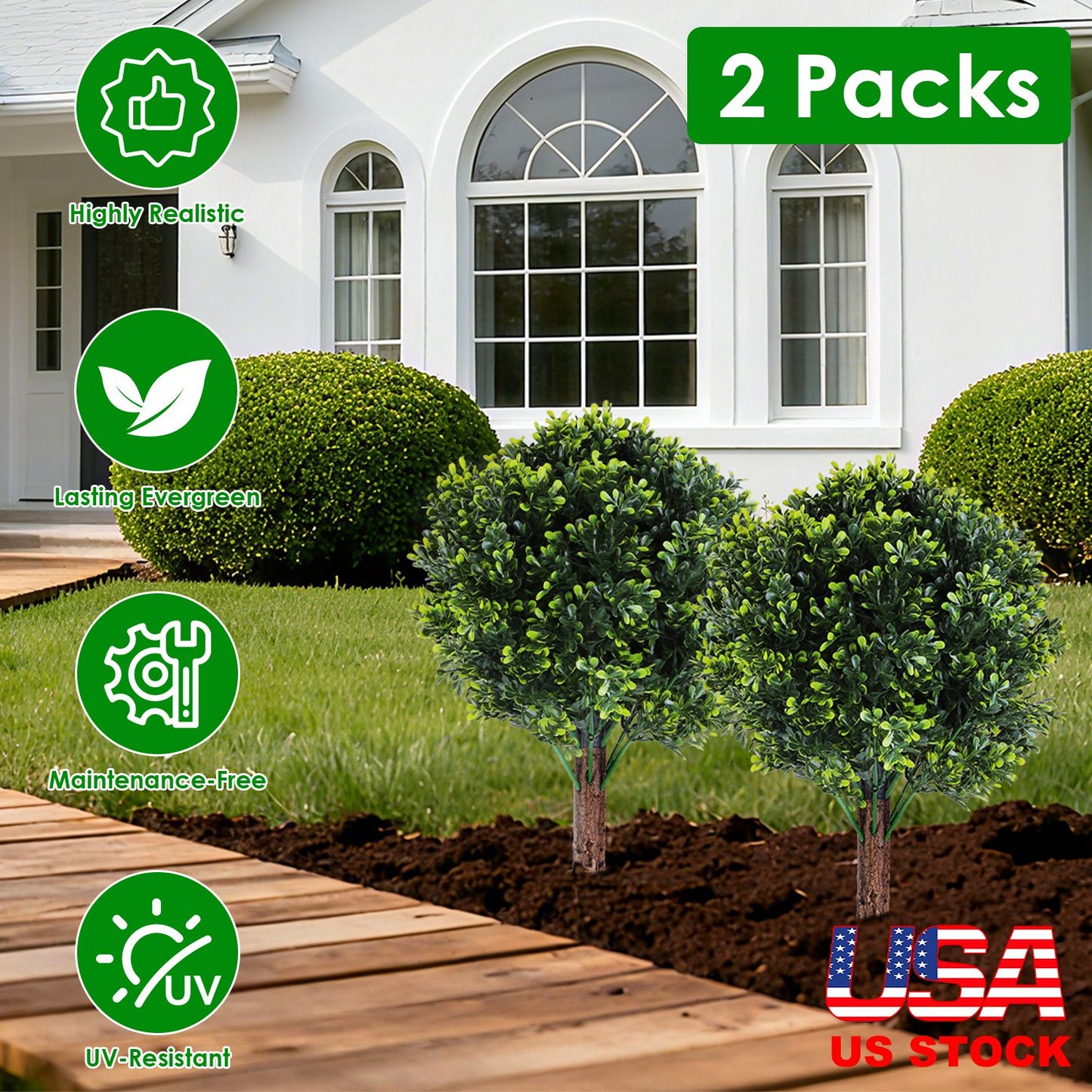 Artificial Boxwood Ball Topiary Tree with Ground Spike - 2 Pack