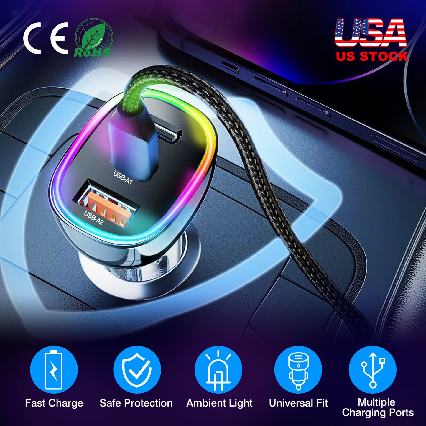 90W Fast Car Charger with 3 Ports and Ambient Light