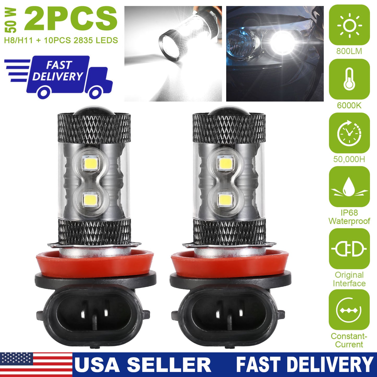 H8/H9/H11 LED Fog Light Bulbs 800LM 6000K White (2-Pack)