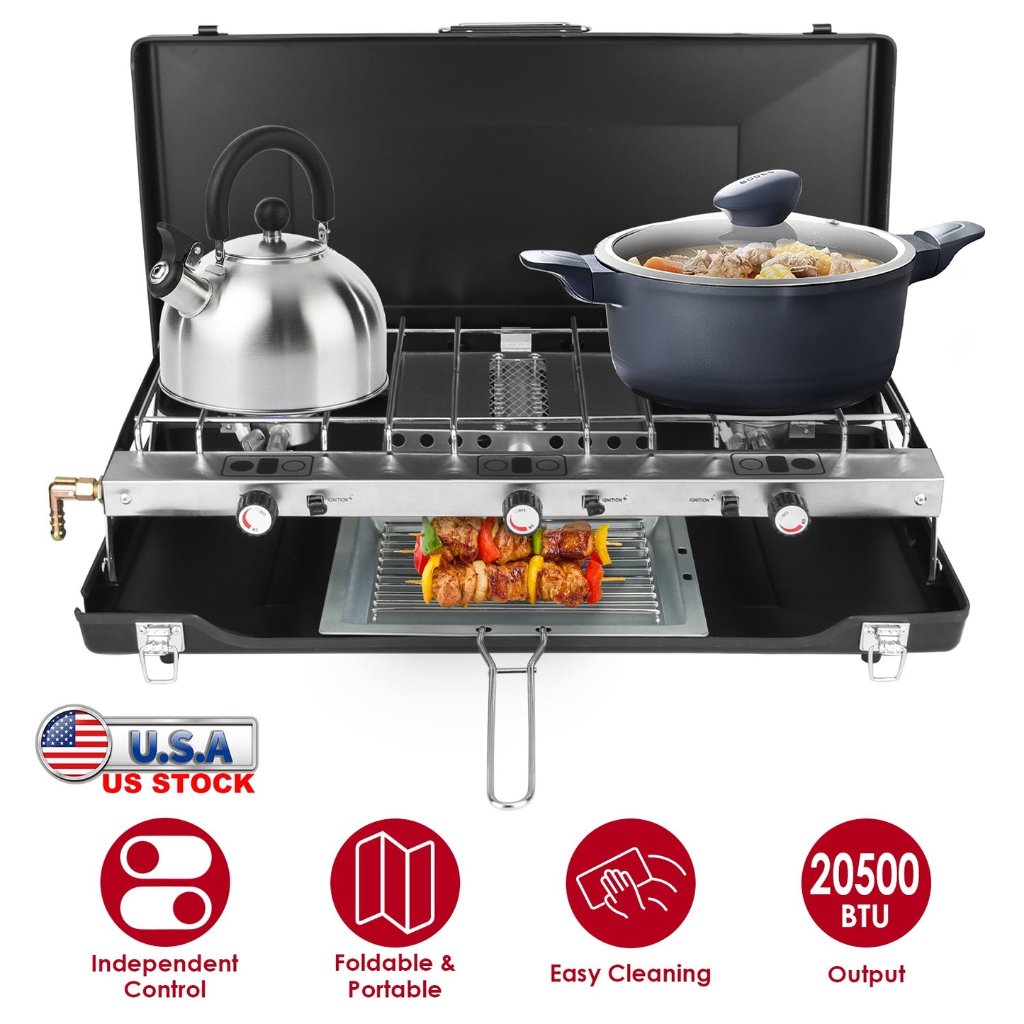 3 Burner Camping Stove 20000 BTU Portable Propane Gas Stove