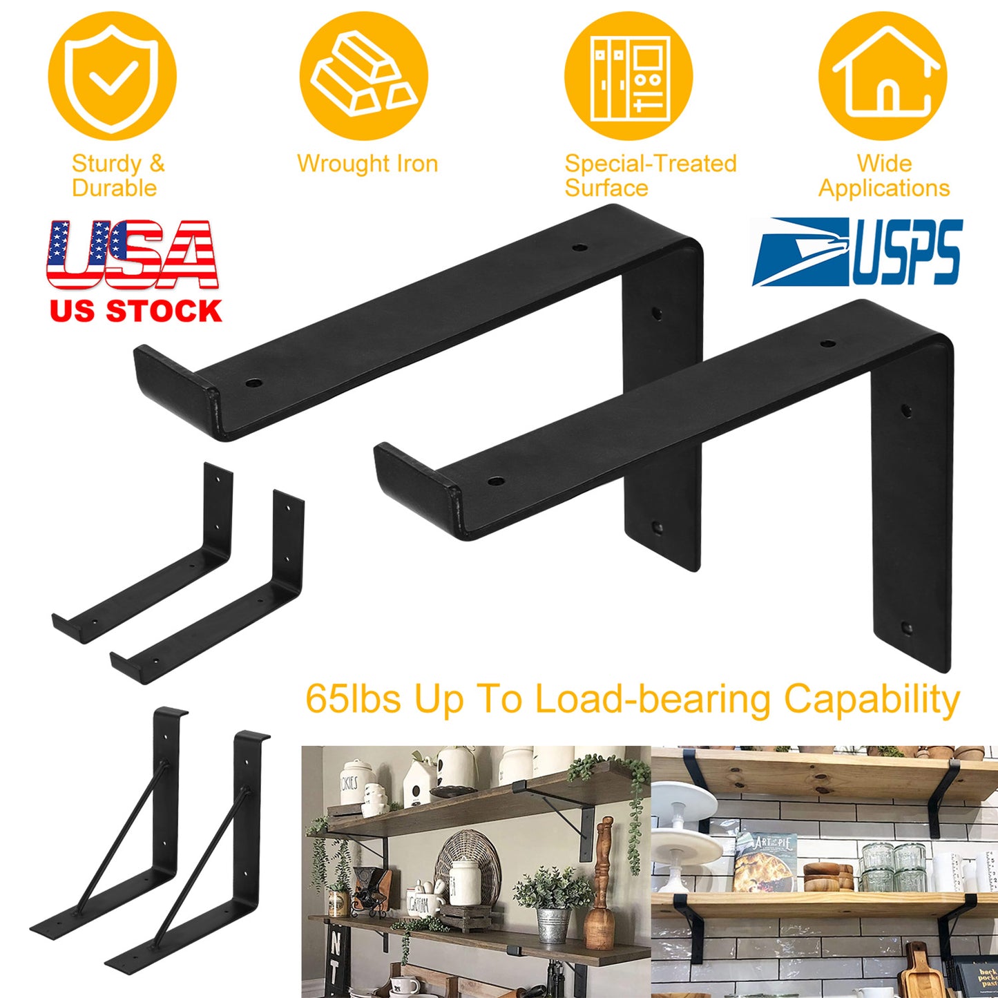 Heavy Duty Wall Mounted Shelf Brackets - 2 Pack Black Metal